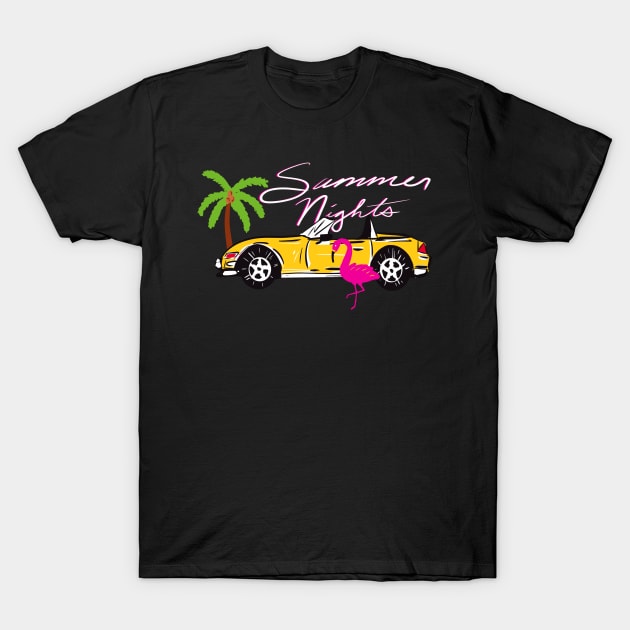 Ditsy 80s/90s Aesthetic Miami Pink Flamingo Exotic Car Pattern On Dark Blue Background T-Shirt by panco